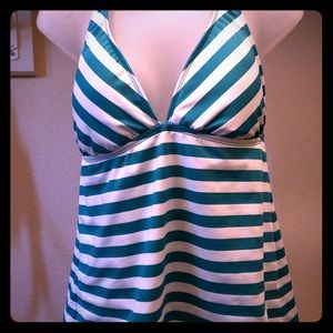 White and teal striped tankini swim top